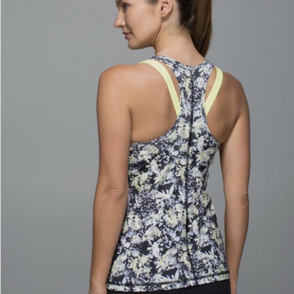 LULULEMON Women’s COOL RACERBACK Tank CROSSCOURT PETAL Black Clarity Yellow Sz 6